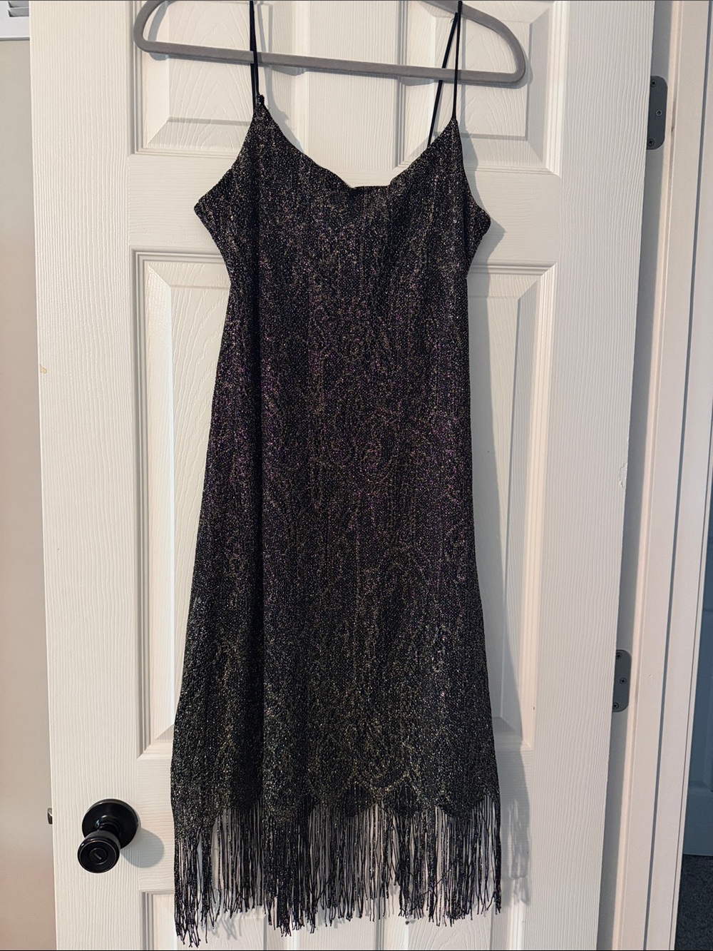 Black Glitter Fringe Slip Mini Dress with Spaghetti Straps